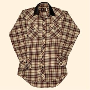 Vintage 70s Kenny Rogers by Caravan Western Shirt Longhorn Plaid Brown Small